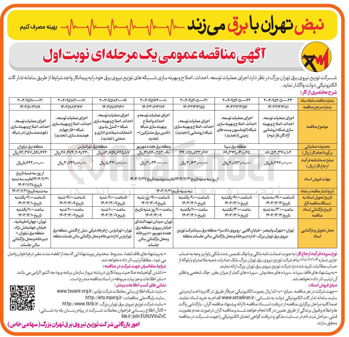 تصویر کوچک آگهی احداث اصلاح و بهینه سازی اجرای عملیات توسعه شبکه (اتوماسیون پست های زمینی) 