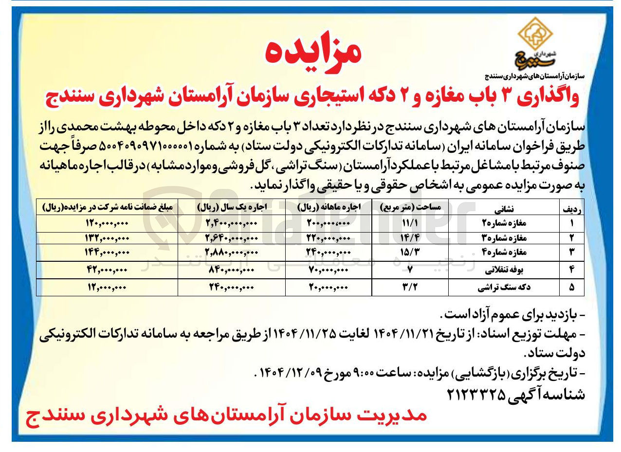 تصویر کوچک آگهی واگذاری ۳ باب مغازه و ۲ دکه استیجاری 