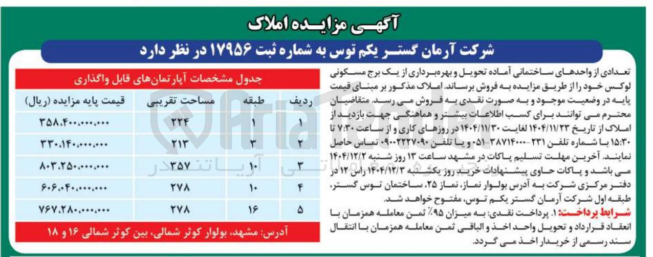 تصویر کوچک آگهی فروش تعدادی از واحدهای ساختمانی آماده تحویل و بهره برداری از یک برج مسکونی لوکس