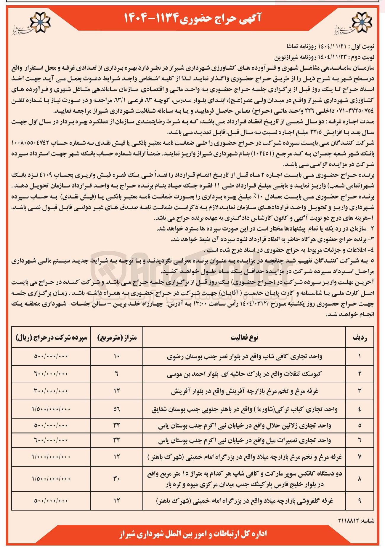 تصویر کوچک آگهی بهره برداری از تعدادی غرفه و محل استقرار
