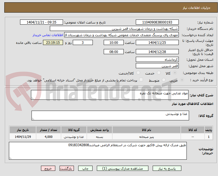 تصویر کوچک آگهی مواد غذایی جهت صبحانه تک نفره