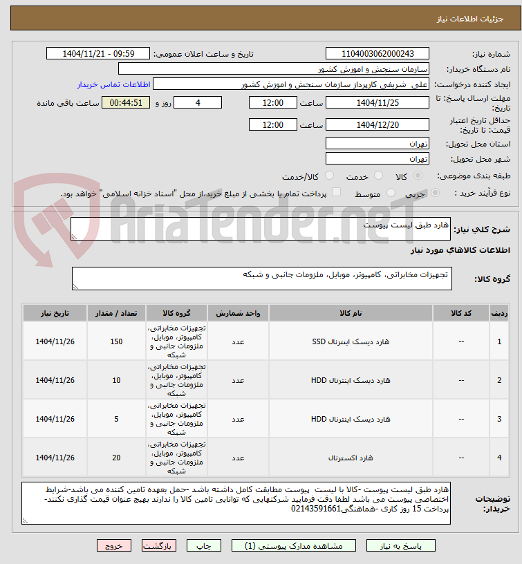 تصویر کوچک آگهی هارد طبق لیست پیوست