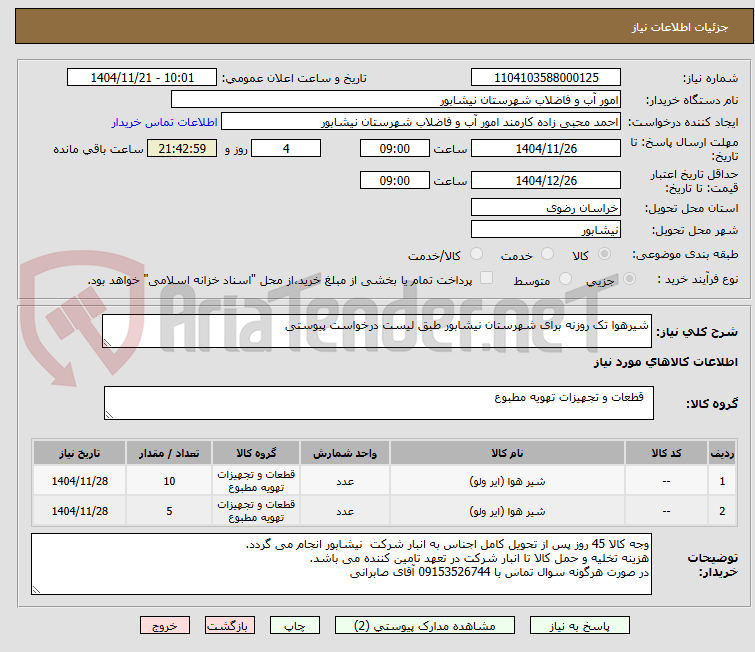 تصویر کوچک آگهی شیرهوا تک روزنه برای شهرستان نیشابور طبق لیست درخواست پیوستی