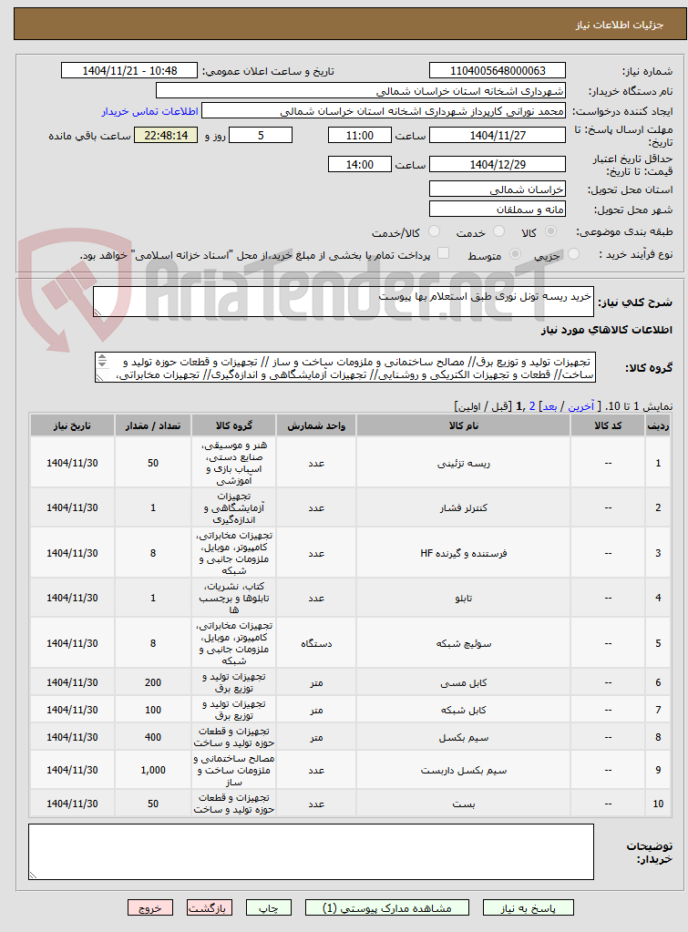 تصویر کوچک آگهی خرید ریسه تونل نوری طبق استعلام بها پیوست 