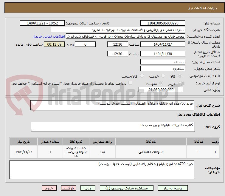 تصویر کوچک آگهی خرید 700عدد انواع تابلو و علائم راهنمایی (لیست جدول پیوست)