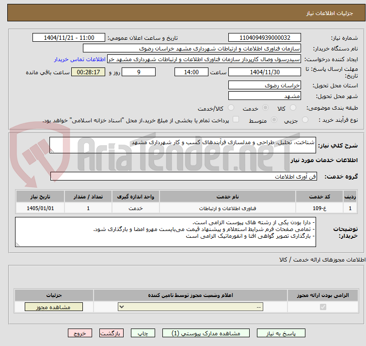 تصویر کوچک آگهی شناخت، تحلیل، طراحی و مدلسازی فرآیندهای کسب و کار شهرداری مشهد