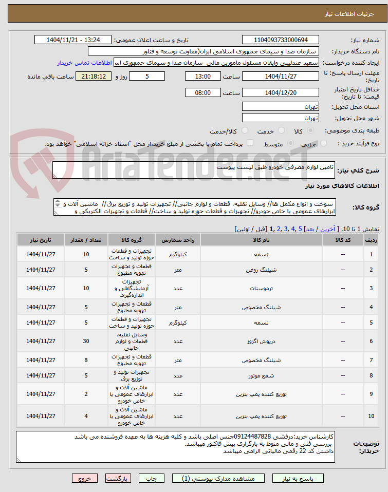 تصویر کوچک آگهی تامین لوازم مصرفی خودرو طبق لیست پیوست 