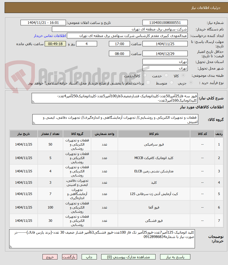 فیوز سه فاز25آمپر50عدد-کلیداتوماتیک فشارضعیف3فاز100آمپر5عدد-کلیداتوماتیک250آمپر4عدد-کلیداتوماتیک160آمپر3عدد-
