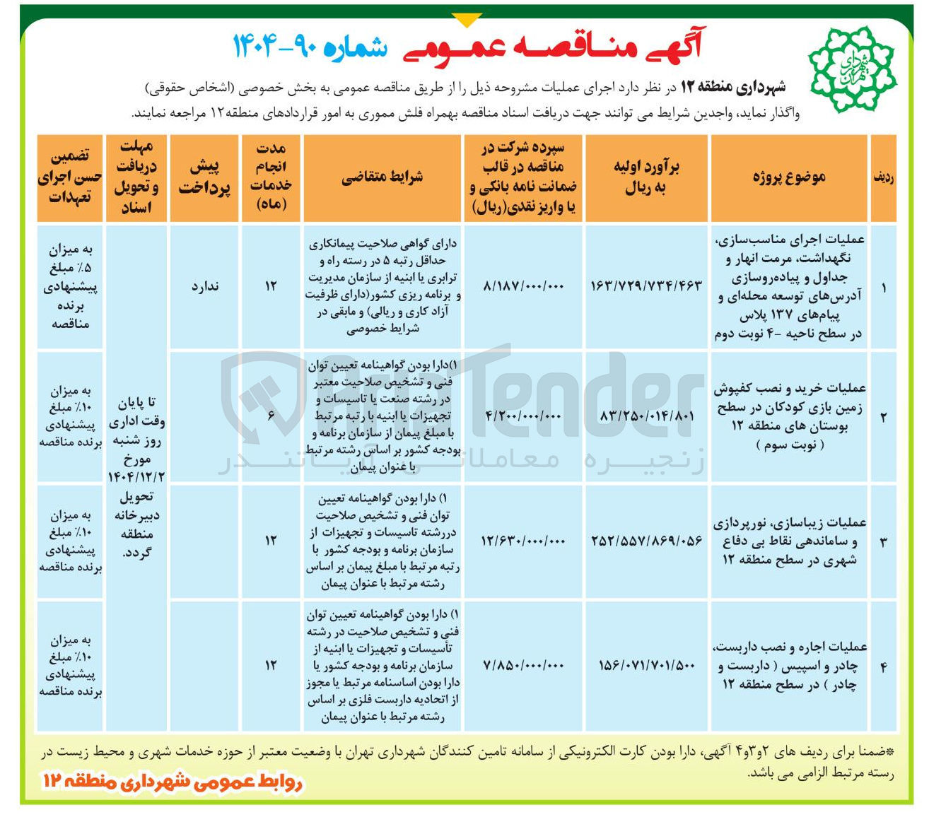تصویر کوچک آگهی عملیات اجرای مناسب سازی نگهداشت مرمت انهار و جداول و پیاده روسازی آدرس های توسعه محله ای و پیام های ۱۳۷ پلاس