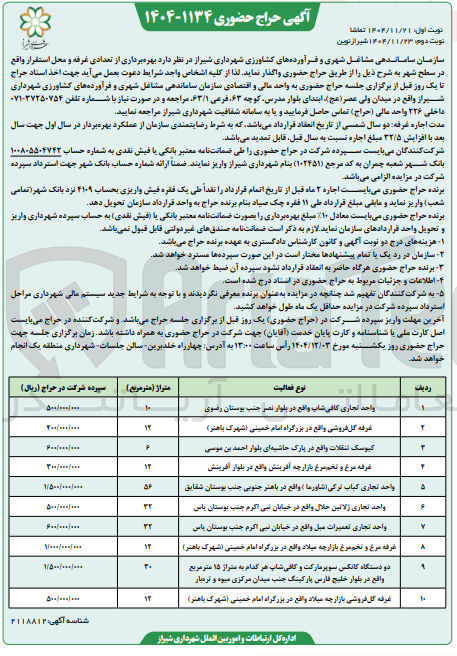 تصویر کوچک آگهی  بهره برداری از تعدادی غرفه و محل استقرار 