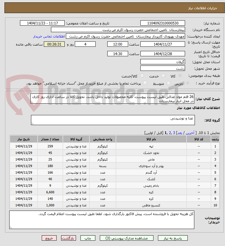 تصویر کوچک آگهی 26 قلم مواد غذائی طبق لیست پیوست. کلیه محصولات تولید داخل باشد. تحویل کالا در ساعت اداری روز کاری در محل انبار بیمارستان.