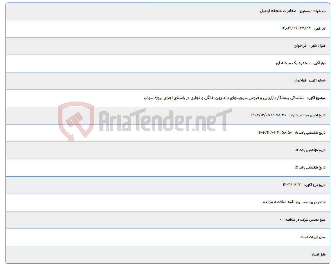 تصویر کوچک آگهی شناسائی پیمانکار بازاریابی و فروش سرویسهای باند پهن خانگی و تجاری در راستای اجرای پروژه سواپ