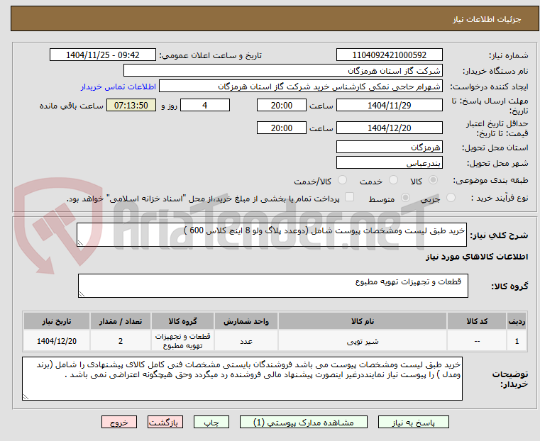 تصویر کوچک آگهی خرید طبق لیست ومشخصات پیوست شامل (دوعدد پلاگ ولو 8 اینچ کلاس 600 )
