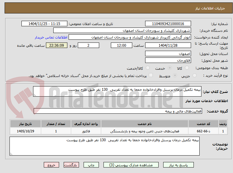 تصویر کوچک آگهی بیمه تکمیل درمان پرسنل وافرادخانواده جمعا به تعداد تقریبی  130 نفر طبق طرح پیوست