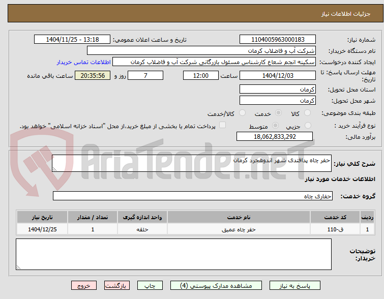 تصویر کوچک آگهی حفر چاه پدافندی شهر اندوهجرد کرمان