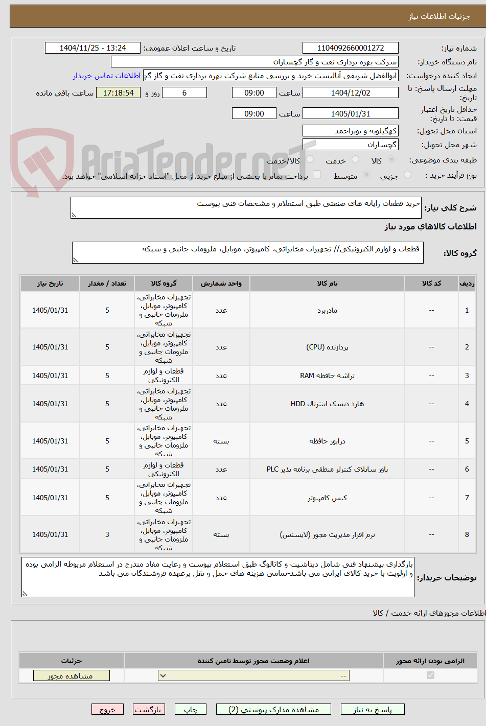 تصویر کوچک آگهی خرید قطعات رایانه های صنعتی طبق استعلام و مشخصات فنی پیوست