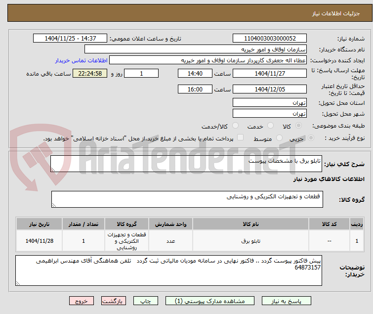 تصویر کوچک آگهی تابلو برق با مشخصات پیوست