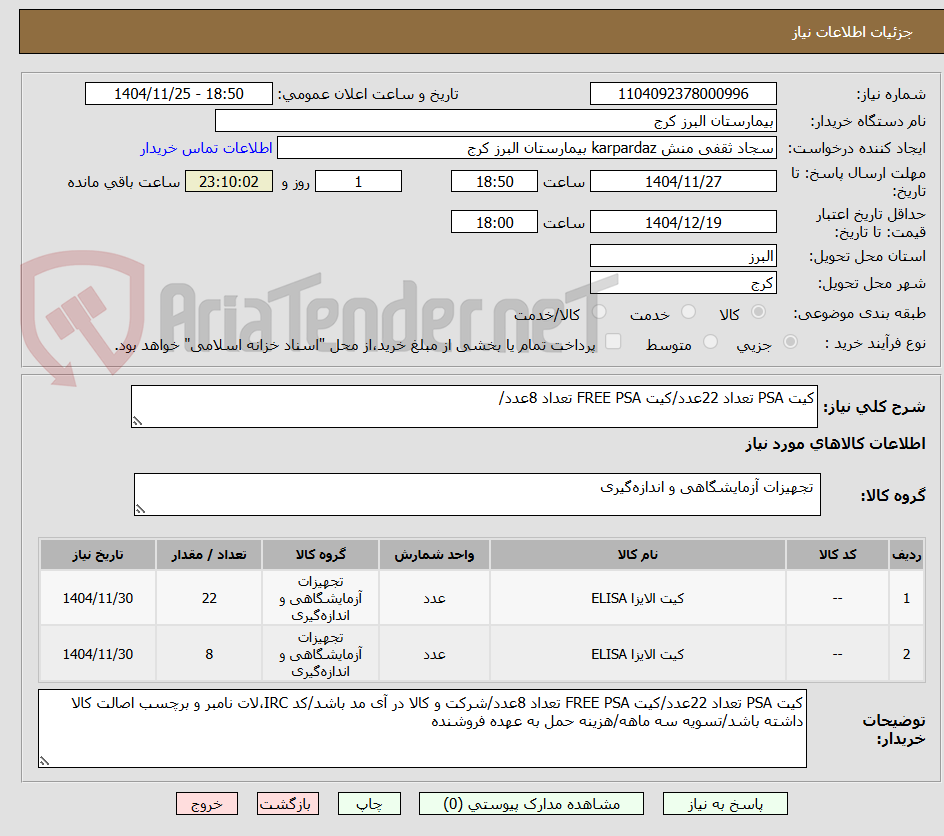 تصویر کوچک آگهی کیت PSA تعداد 22عدد/کیت FREE PSA تعداد 8عدد/