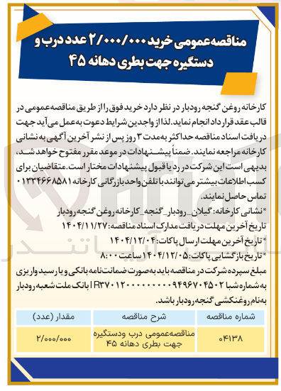 تصویر کوچک آگهی خرید ۲/۰۰۰/۰۰۰ عدد درب و دستگیره جهت بطری دهانه ۴۵