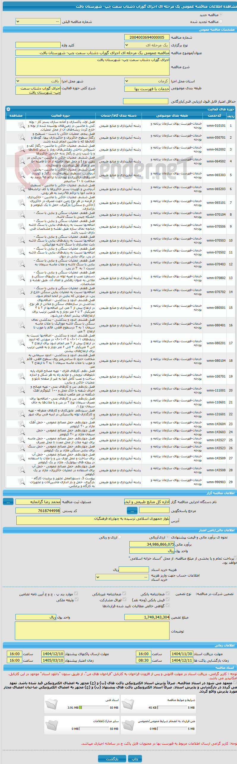 تصویر کوچک آگهی مناقصه عمومی یک مرحله ای اجرای گوراب دشتاب سمت چپ- شهرستان بافت