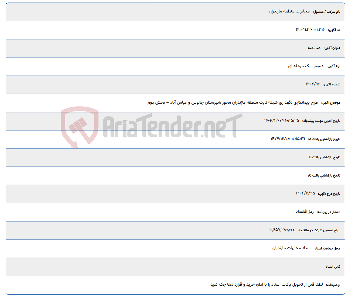 تصویر کوچک آگهی طرح پیمانکاری نگهداری شبکه ثابت منطقه مازندران محور شهرستان چالوس و عباس آباد – بخش دوم