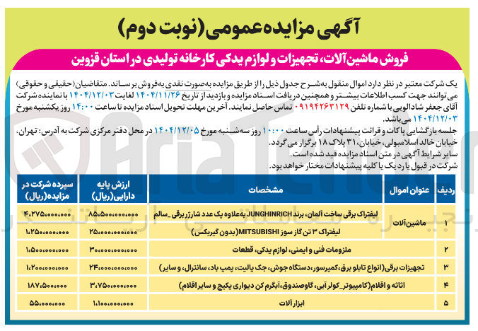 تصویر کوچک آگهی فروش ماشین آلات تجهیزات و لوازم یدکی کارخانه تولیدی