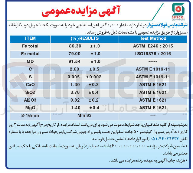 تصویر کوچک آگهی  مقدار ۲۰,۰۰۰ تن آهن اسفنجی
