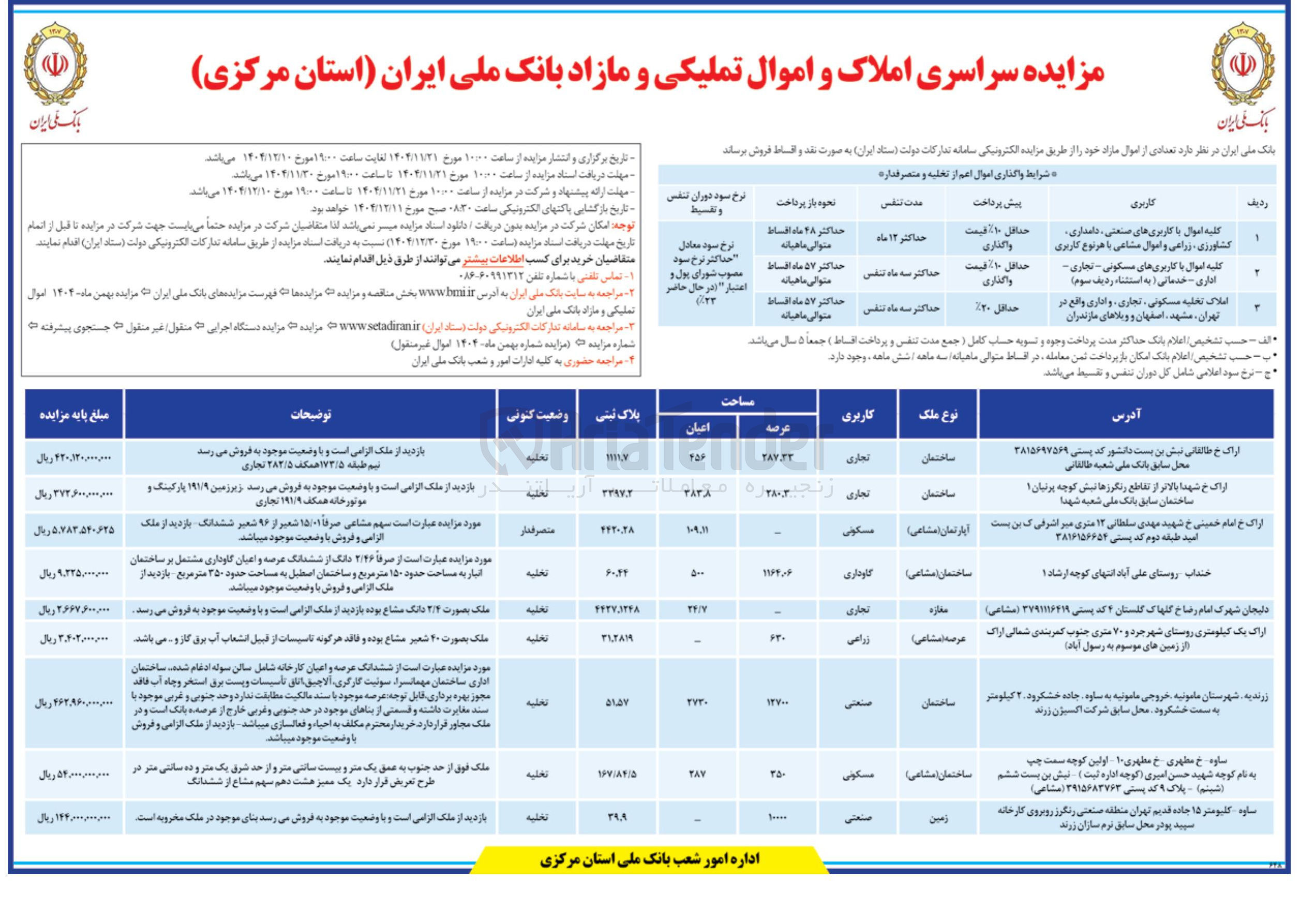 تصویر کوچک آگهی املاک تخلیه مسکونی ، تجاری و اداری
کلیه اموال با کاربری های صنعتی ، دامداری کشاورزی زراعی و اموال