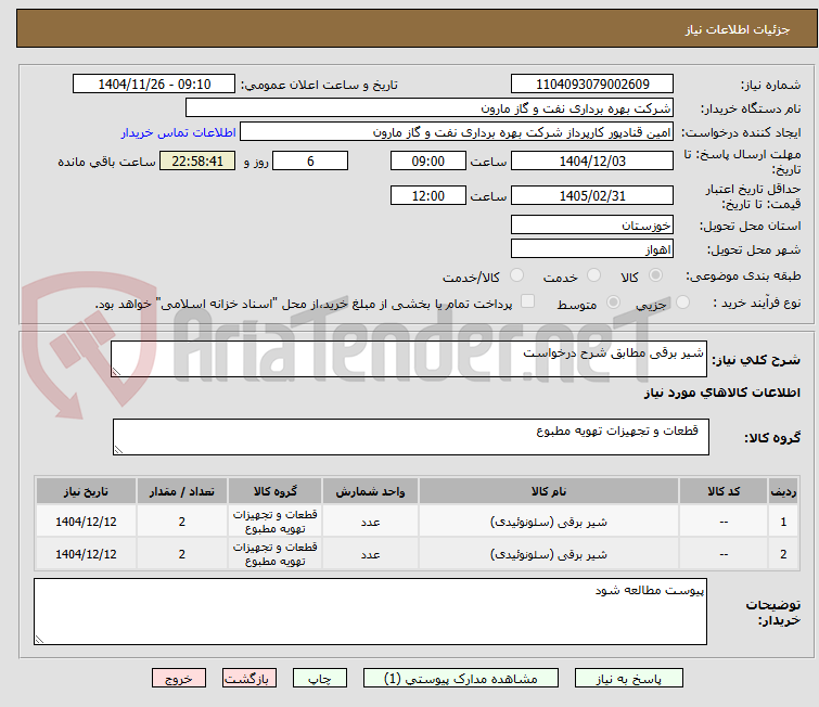 تصویر کوچک آگهی شیر برقی مطابق شرح درخواست