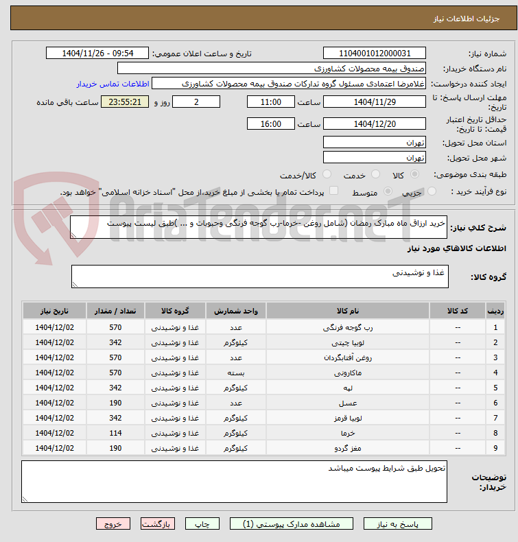 تصویر کوچک آگهی خرید ارزاق ماه مبارک رمضان (شامل روغن -خرما-رب گوجه فرنگی وحبوبات و ... )طبق لیست پیوست 