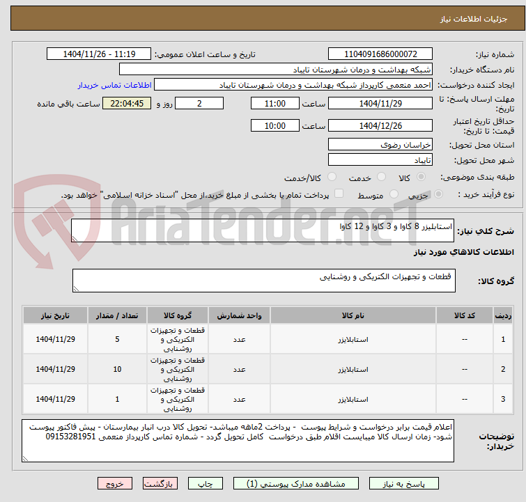 تصویر کوچک آگهی استابلیزر 8 کاوا و 3 کاوا و 12 کاوا