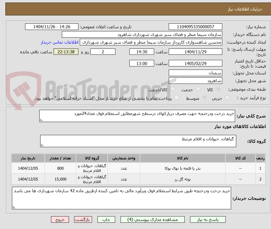 خرید درخت ودرختچه جهت مصرف درپارکهای درسطح شهرمطابق استعلام فوق تعداد24مورد