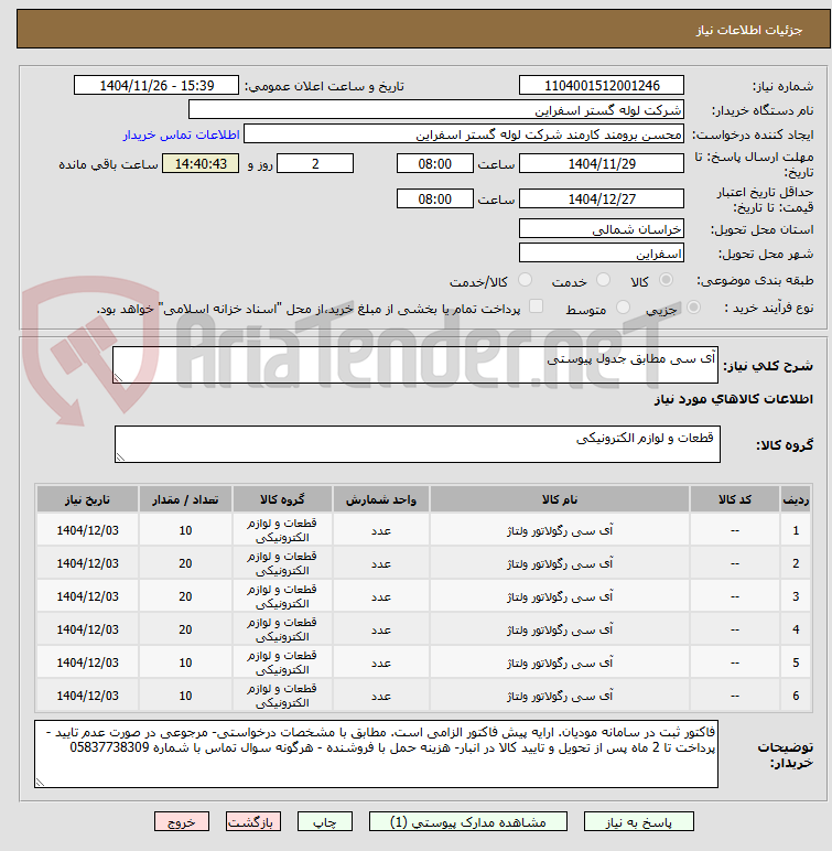 تصویر کوچک آگهی آی سی مطابق جدول پیوستی