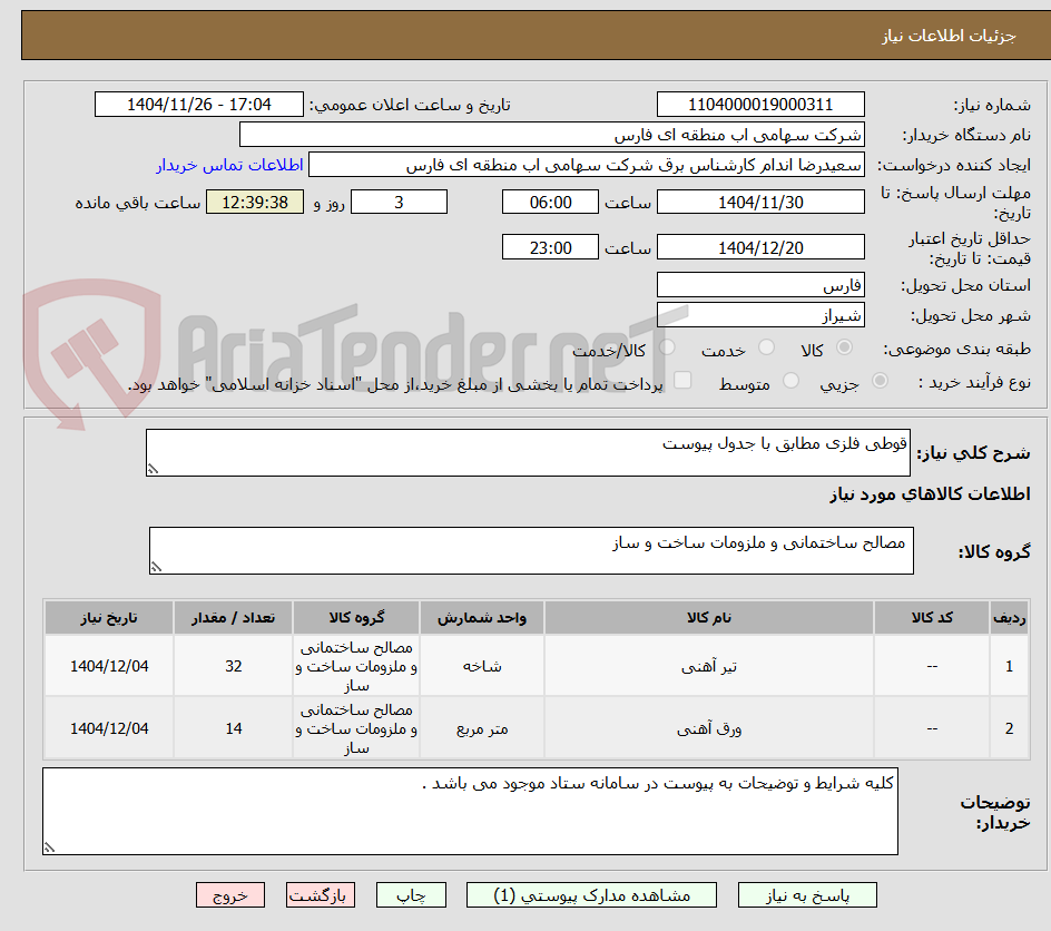 تصویر کوچک آگهی قوطی فلزی مطابق با جدول پیوست