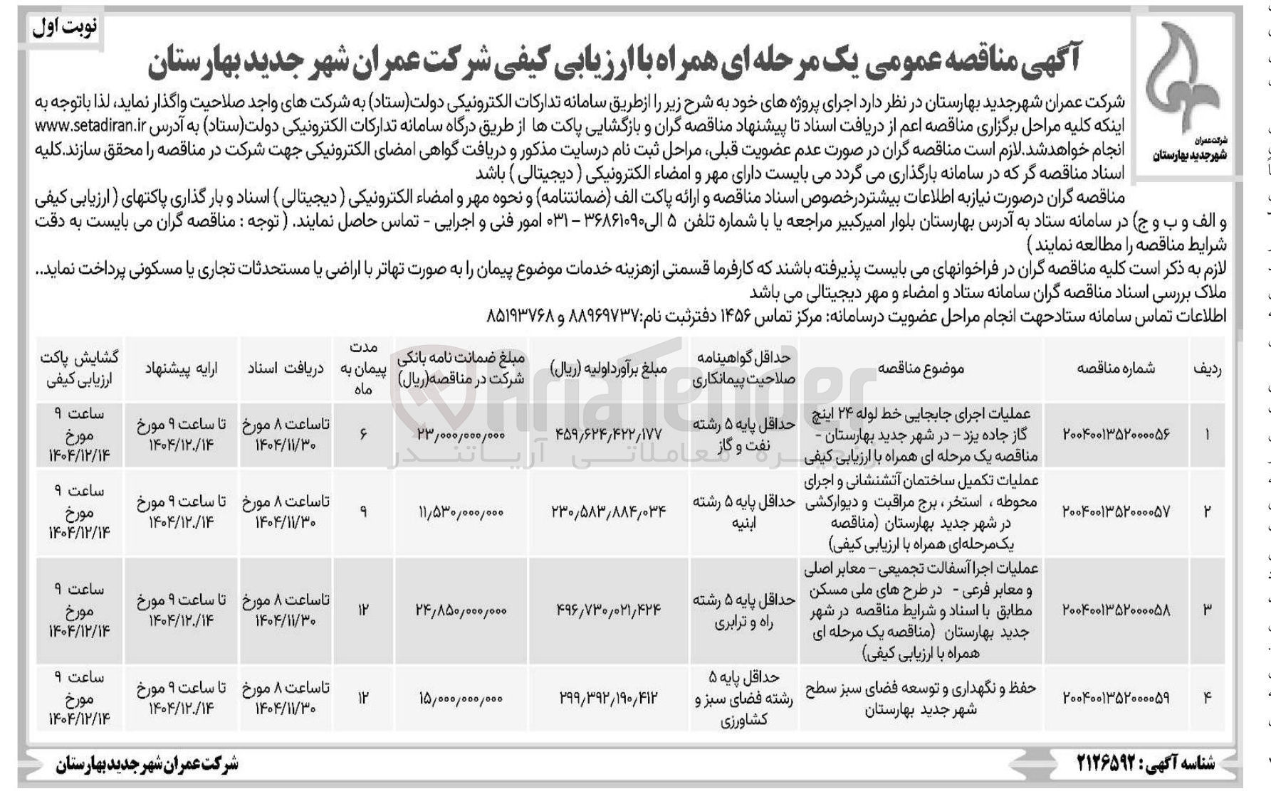 تصویر کوچک آگهی عملیات اجرا آسفالت تجمیعی - معابر اصلی و معابر فرعی در طرح های ملی مسکن مطابق با اسناد و شرایط مناقصه در شهر جدید بهارستان مناقصه یک مرحله ای همراه با ارزیابی کیفی
