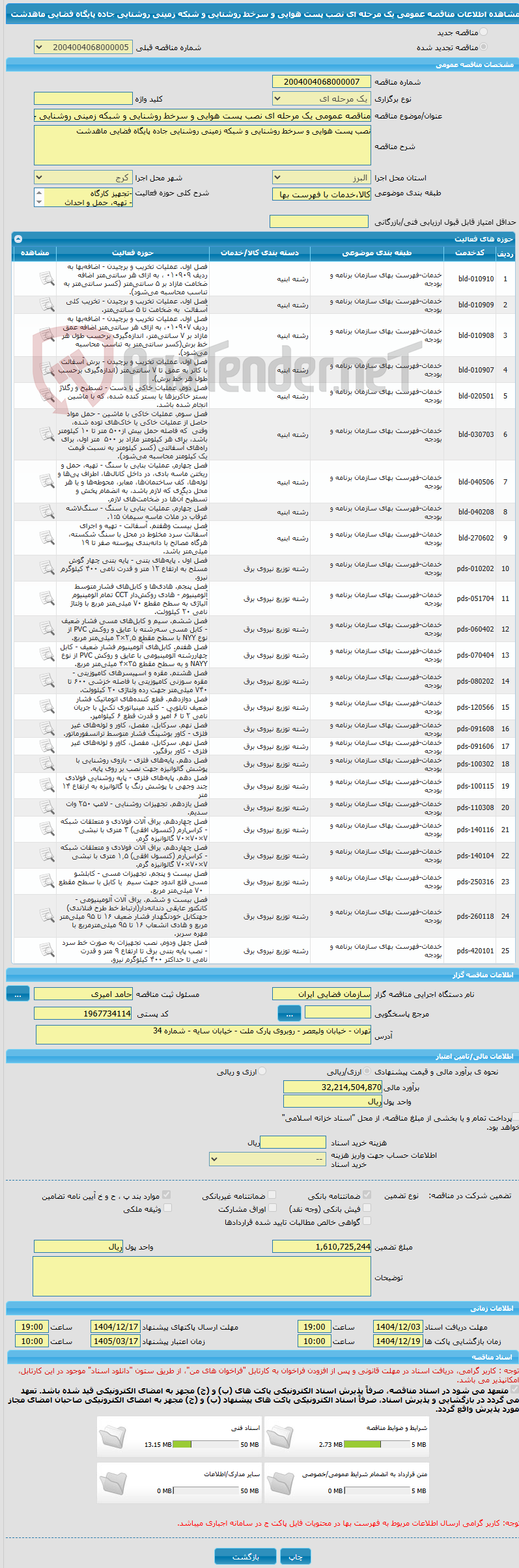 تصویر کوچک آگهی مناقصه عمومی یک مرحله ای نصب پست هوایی و سرخط روشنایی و شبکه زمینی روشنایی جاده پایگاه فضایی ماهدشت