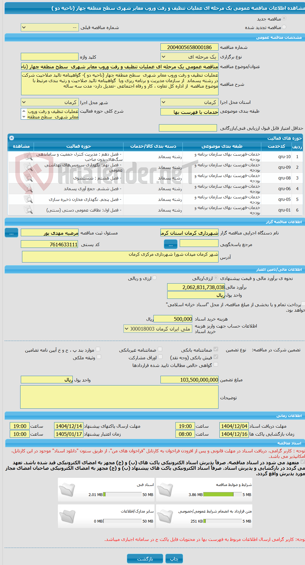 تصویر کوچک آگهی مناقصه عمومی یک مرحله ای عملیات تنظیف و رفت وروب معابر شهری  سطح منطقه چهار (ناحیه دو )