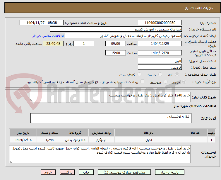 تصویر کوچک آگهی خرید 1248 کیلو گرم آجیل 5 مغز طبق درخواست پیوست
