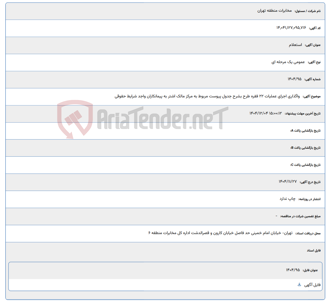 تصویر کوچک آگهی واگذاری اجرای عملیات 22 فقره طرح بشرح جدول پیوست مربوط به مرکز مالک اشتر به پیمانکاران واجد شرایط حقوقی