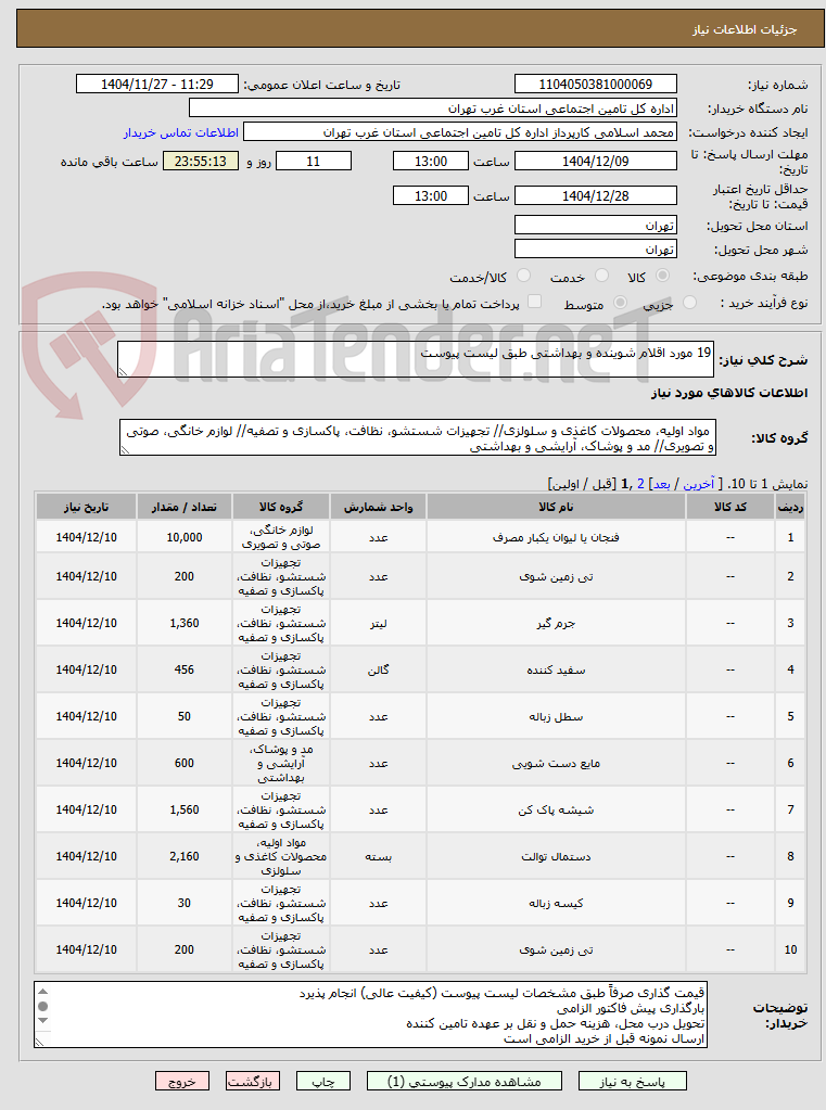 تصویر کوچک آگهی 19 مورد اقلام شوینده و بهداشتی طبق لیست پیوست