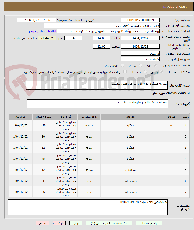 تصویر کوچک آگهی نیاز به میلگرد  نوع راد و تیراهن طبق پیوست
