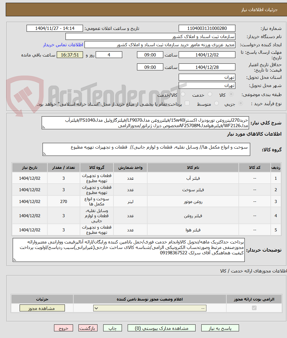 تصویر کوچک آگهی خرید270لیترروغن توربودیزل اکسترا15w40/فیلترروغن مدلLF9070/فیلترگازوئیل مدلFS1040/فیلترآب مدلWF2126/فیلترهوامدلAF25708Mمخصوص دیزل ژنراتور/مجوزالزامی