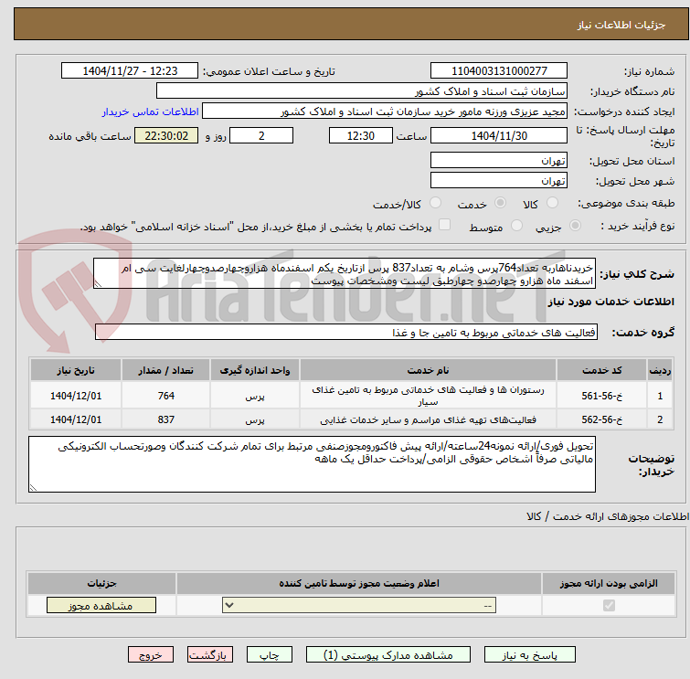 تصویر کوچک آگهی خریدناهاربه تعداد764پرس وشام به تعداد837 پرس ازتاریخ یکم اسفندماه هزاروچهارصدوچهارلغایت سی ام اسفند ماه هزارو چهارصدو چهارطبق لیست ومشخصات پیوست 