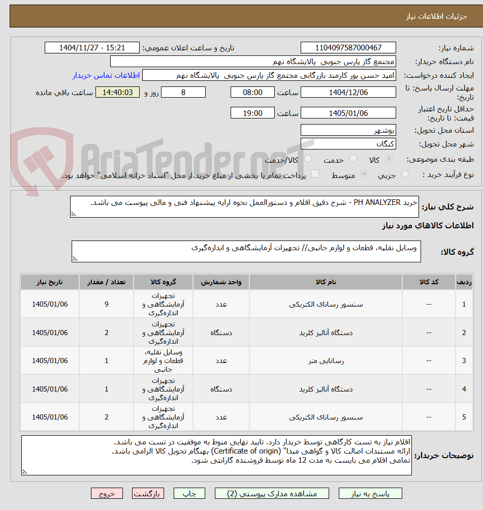 تصویر کوچک آگهی خرید PH ANALYZER - شرح دقیق اقلام و دستورالعمل نحوه ارایه پیشنهاد فنی و مالی پیوست می باشد.