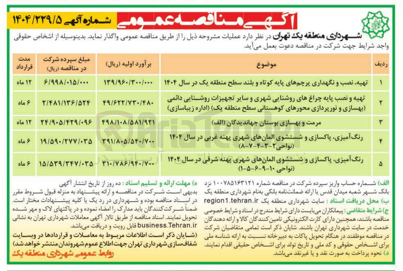 تصویر کوچک آگهی رنگ آمیزی پاکسازی و شستشوی المانهای شهری پهنه شرقی در سال ۱۴۰۴ نواحی ( ۱۰-۹-۶-۵-۱ )