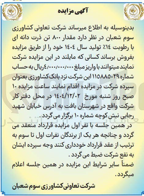 تصویر کوچک آگهی فروش مقدار ۸۰۰ تن ذرت دانه ای