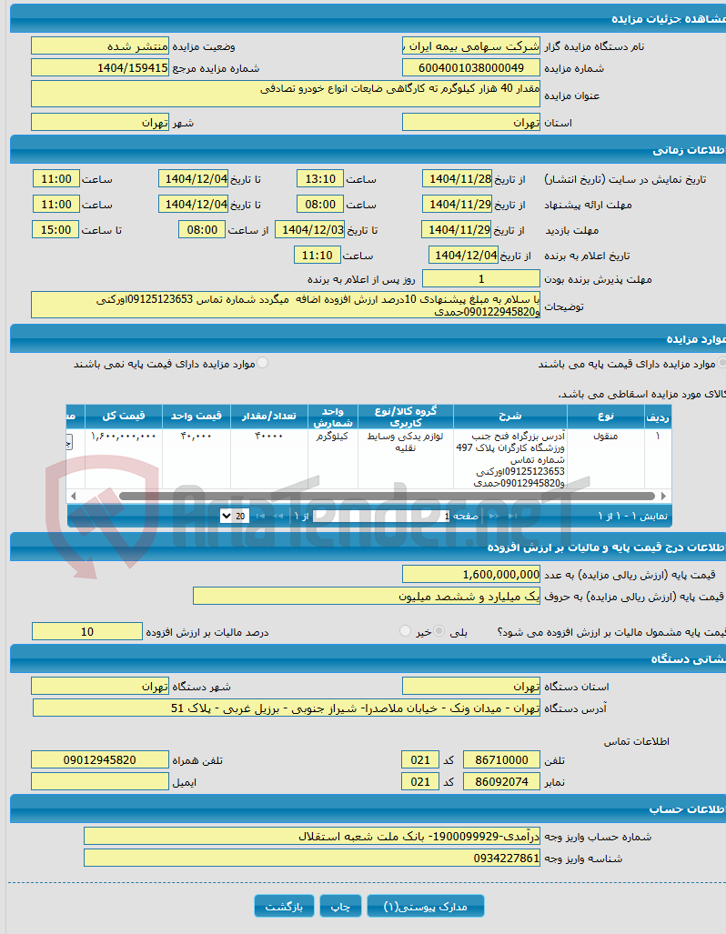 تصویر کوچک آگهی مقدار 40 هزار کیلوگرم ته کارگاهی ضایعات انواع خودرو تصادفی
