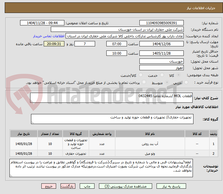 تصویر کوچک آگهی قطعات MOL /شماره تقاضا 0432445