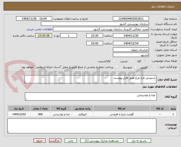 تصویر کوچک آگهی شنیسل تازه مرغ طبق فایل پیوست