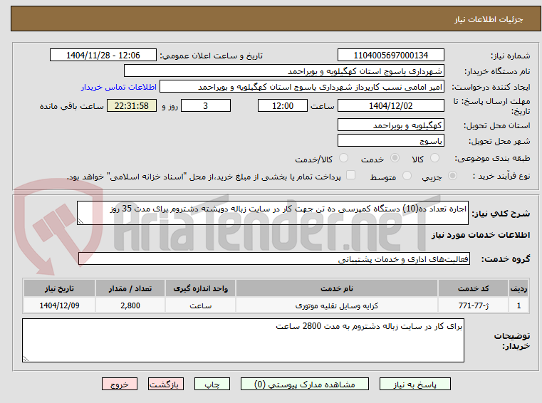 اجاره تعداد ده(10) دستگاه کمپرسی ده تن جهت کار در سایت زباله دوپشته دشتروم برای مدت 35 روز